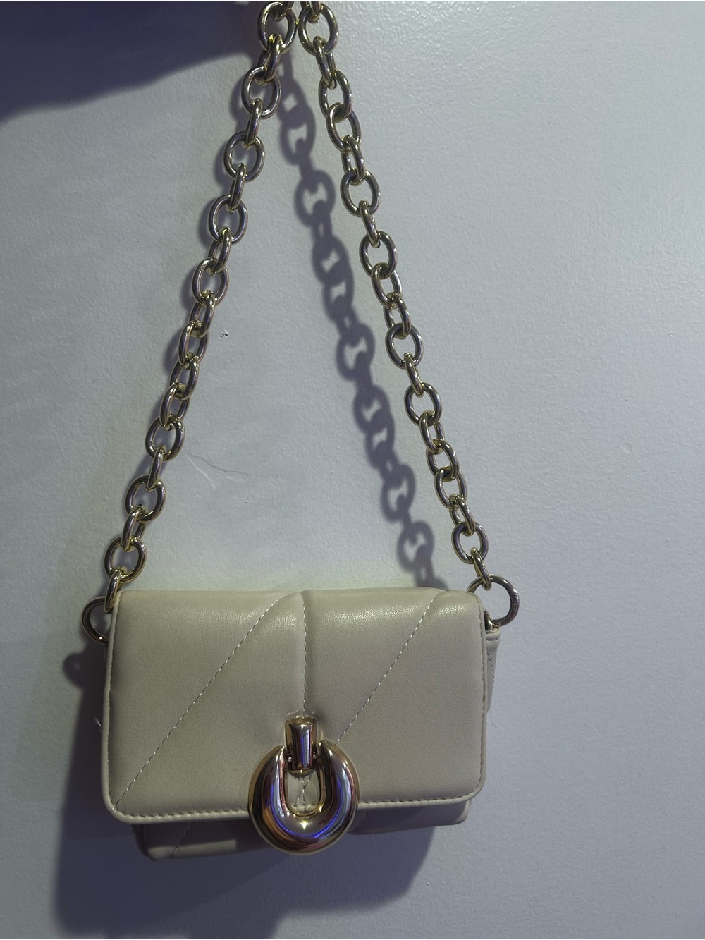 Cream Quilted Chain Shoulder Bag with Gold Hardware